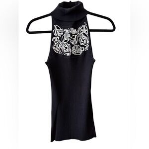 White House Black Market Black Sleeveless Turtleneck Top Embroidered Detail -Med